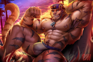 abs anthro armpit_hair backwards_baseball_cap backwards_hat baseball_cap beard biceps black_stripes blue_eyes body_hair brown_beard brown_facial_hair bulge calfs claws clothing dog_tags ear_piercing ear_ring facial_hair facial_piercing finger_claws fist flexing flexing_bicep forearm_muscles fur grass happy_trail hat headgear headwear jockstrap logo male muscular muscular_anthro muscular_male muscular_thighs navel nipple_piercing nipple_ring nipples nose_piercing nose_ring obliques orange_body orange_fur pecs piercing plant ring_piercing smile solo striped_body striped_fur stripes sunset tree underwear physen ledge_(ledgerdamayn) felid mammal pantherine tiger 2023 absurd_res artist_logo hi_res