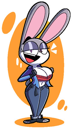 alternate_breast_size alternate_form anthro big_breasts biped bottomwear bra breasts cleavage clothed clothing denim denim_bottomwear denim_clothing emanata eyelashes feet female fingerless_gloves gloves grey_body handwear jeans looking_at_viewer navel open_clothing open_mouth open_shirt open_smile open_topwear pants pink_nose purple_eyes shirt short_tail small_nose smile solo standing tail toony topwear underwear toasttank disney zootopia judy_hopps redesa lagomorph leporid mammal rabbit aliasing digital_media_(artwork)