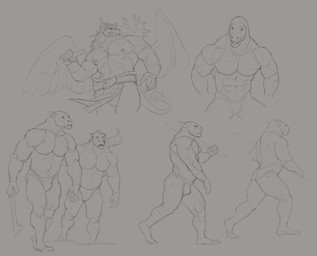 abs anthro beak belt bulge clothed clothing duo front_view holding_object holding_weapon low-angle_view male male_anthro mouth_closed muscular muscular_anthro muscular_male nipple_piercing nipple_ring nipples open_mouth pecs piercing ring_piercing side_view solo topless walking weapon aduran mythology avian gryphon mythological_avian mythological_creature scalie species_request absurd_res hi_res monochrome sketch