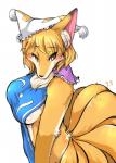 alternate_species anthro big_breasts biped blonde_hair blush bottomless breasts clothed clothing female fur furrification hair hat headgear headwear kemono multi_tail scapular side_boob side_view simple_background slim slim_anthro slim_female snout solo standing tail white_background yellow_body yellow_eyes yellow_fur yellow_tail chaora touhou ran_yakumo canid canine fox mammal 2015 digital_media_(artwork) hi_res