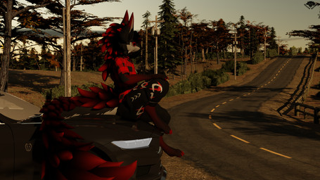 anthro bottomwear clothing detailed_background eyeliner flannel_shirt freckled_arms freckled_face freckled_shoulders freckles highlights_(coloring) makeup male markings on_hood pants red_eyeliner red_eyes red_highlights solo sunset tail hound_helldan ford ford_mustang mythology hound_(hound_helldan) canid canid_demon canine demon hellhound hybrid mammal mythological_canine mythological_creature novabeast 3d_(artwork) 4k 9:16 blender_(artwork) digital_media_(artwork) hi_res watermark