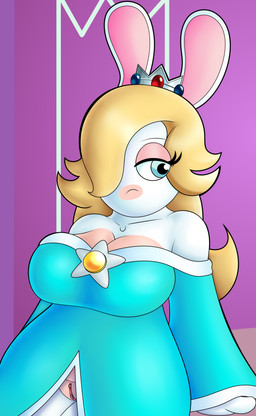 anthro bangs bare_shoulders big_breasts biped blonde_hair blue_clothing blue_dress blue_eyes breasts cleavage clitoris closed_frown clothed clothed_anthro clothed_female clothing collarbone crown curvy_figure dress eyelashes female female_anthro frown fur gem genitals hair hair_over_eye half-closed_eyes headgear humanoid_genitalia humanoid_vulva light long_ears long_hair mismatched_genitalia mismatched_humanoid_vulva mismatched_vulva mouth_closed multicolored_body narrowed_eyes noseless pink_clitoral_hood pink_clitoris pink_inner_ear purple_background ruby_(gem) sapphire_(gem) shirt simple_background tan_body tan_breasts tan_eyelids tan_skin tan_vulva thin_eyebrows topwear two_tone_body vulva white_body white_fur wide_hipped_anthro wide_hipped_female reypan mario_bros mario_plus_rabbids_sparks_of_hope nintendo raving_rabbids rayman_(series) ubisoft rabbid_rosalina lagomorph mammal rabbid 2025 absurd_res colored crossover digital_drawing_(artwork) digital_media_(artwork) english_description hi_res lighting shaded soft_shading