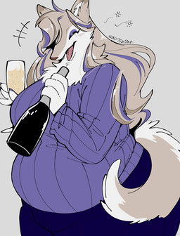 alcohol anthro belly beverage blush clothed clothing colored_nails eyeliner eyes_closed eyeshadow female fur hair holding_alcohol holding_alcohol_bottle kemono long_hair makeup multicolored_hair nails open_mouth open_smile overweight overweight_anthro overweight_female purple_hair simple_background smile solo sweater tail tan_body tan_fur tan_hair topwear white_body white_fur mochimochiland meg_(suda) canid canine mammal hi_res signature