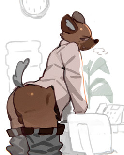 anthro balls black_nose bottomwear bottomwear_down brown_body brown_fur butt clothed clothing detailed_background eyebrows fur genitals glistening glistening_butt grey_tail looking_back male pants pants_down partially_clothed shirt side_view solo standing tail topwear mmaj7 aggretsuko sanrio haida_(aggretsuko) hyena mammal spotted_hyena