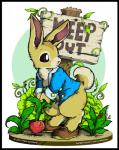 anthro biped black_border blue_clothing blue_shirt blue_topwear border bottomless brown_eyes clothed clothing food footwear fur lettuce male plant pull_out shirt shoes sign solo tan_body tan_fur text topwear turnip vegetable white_body white_fur o-kemono peter_rabbit_(series) peter_rabbit arthropod beetle cucujoid insect ladybug lagomorph leporid mammal rabbit 2013 english_text