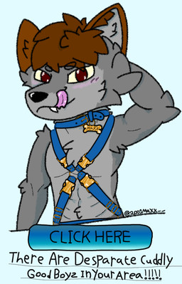 anthro brown_hair collar fake_advertisement fur good_boy grey_body grey_fur hair harness licking licking_lips male muscular muscular_anthro muscular_male ping_tongue red_eyes solo text tongue tongue_out 2001maxx conditional_dnp maxx_(2001maxx) canid canine canis domestic_dog husky mammal nordic_sled_dog spitz english_text meme