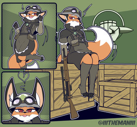 anthro armor blep box clothed clothing container eyewear female fur goggles headgear helmet maid_uniform military orange_body orange_fur red_eyes sitting solo tongue tongue_out uniform white_body white_fur the_man foxhole:_persistant_online_warfare canid canine fox mammal 2025 absurd_res hi_res