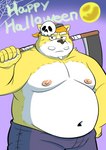 anthro beard belly big_belly bottomwear clothing costume facial_hair halloween_costume holidays humanoid_hands kemono male mature_male moobs moon mustache navel nipples overweight overweight_male pants solo bullbluedog halloween canid canine canis domestic_dog mammal 2023 hi_res