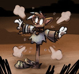 after_transformation collar helpless holidays implied_transformation inanimate_transformation magic poof_effect sack scarecrow solo surprised transformation trevor-fox virmir halloween trevor-fox_(character) animate_inanimate mammal mouse murid murine rodent
