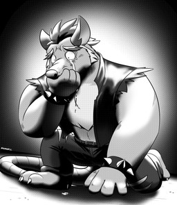 3_toes 4_fingers anthro biped bodily_fluids bottomwear clothing crying feet fingers humanoid_hands kemono male pants sad solo tears toes nookdae brok_the_investigator cowcat_games squealers_chief mammal murid murine rat rodent 2023 absurd_res hi_res monochrome