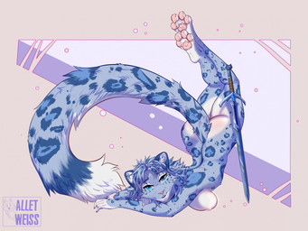 4_toes anthro areola ass_up blue_body blue_eyes blue_hair blue_spots breasts butt claws countershade_feet countershading feet female fur gem grey_body grey_fur hair inner_ear_fluff legs_up looking_at_viewer lying markings melee_weapon nipples nude nude_female on_front pawpads paws pink_pawpads plantigrade seductive simple_background smile soles solo spots spotted_body spotted_fur sword tail text toes tuft weapon white_body white_claws white_fur allet_weiss microsoft the_elder_scrolls m'ria_(maks_hunt) felid feline khajiit leopard mammal pantherine snow_leopard 2024 digital_media_(artwork) hi_res