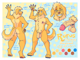 anthro balls blue_eyes bodily_fluids butt digitigrade eyes_closed eyewear foreskin genital_fluids genitals gesture glans glasses glistening glistening_genitalia glistening_glans glistening_penis hand_on_hip humanoid_genitalia humanoid_penis leaking_precum long_foreskin looking_at_viewer male nipple_piercing nipples nude penis piercing precum raised_arm retracted_foreskin saggy_balls smile solo standing tail unretracted_foreskin waving naudiz_(artist) bird_dog canid canine canis domestic_dog golden_retriever hunting_dog mammal retriever 4:3 hi_res model_sheet