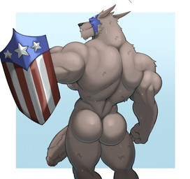 anthro back_muscles biceps big_penis black_sclera blue_mask bodily_fluids border butt fangs foreskin fur genitals grey_body grey_fur huge_penis humanoid_genitalia humanoid_penis looking_back male muscular muscular_anthro muscular_male nude pecs penis rear_view red_eyes shield smile solo sweat teeth underbite vein veiny_penis white_border fleshformomo marvel mythology captain_america capwolf canid canine mammal mythological_canine mythological_creature werecanid werecanine werecreature werewolf 2026 digital_media_(artwork) hi_res