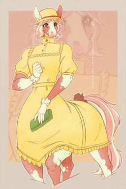 clothed clothed_female clothed_taur clothing dress female gloves handwear hat headgear headwear solo taur_clothing white_clothing white_gloves white_handwear yellow_clothing yellow_dress yellow_hat yellow_headwear wmdiscovery93 equid equid_taur equine equine_taur horse horse_taur mammal mammal_taur taur 2025 half-length_portrait hi_res portrait