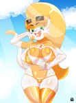 anthro bikini blonde_hair breasts clothing eyewear female gold_bikini golden_necklace green_eyes hair lips orange_lips pose solo sunglasses sunset swimwear two-piece_swimsuit cranebear golden_week jessica_young_melis domestic_cat felid feline felis mammal absurd_res hi_res pinup