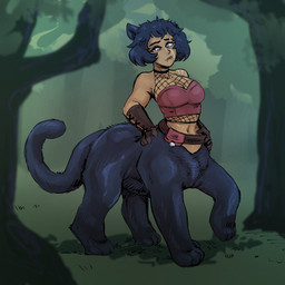 3_toes 5_fingers belt big_breasts black_body black_clothing black_ears black_eyebrows black_fur black_hair black_shirt black_tail black_topwear breasts brown_belt brown_clothing brown_gloves brown_handwear bustier cleavage clothed clothed_female clothed_taur clothing collarbone digitigrade eyebrows eyelashes facial_scar fangs feet female female_taur fingers fishnet_clothing fishnet_shirt fishnet_topwear forest fur gloves grass hair handwear lips melanistic navel outside paws plant pupils quadruped red_bustier scar shirt shoulder_scar sleeveless_shirt slit_pupils solo split_form tail tan_body tan_skin teeth toes topwear tree currentlytr_ash felid felid_taur humanoid_taur mammal mammal_taur pantherine pantherine_taur taur 1:1 2025 hi_res