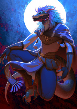 anthro arm_pads black_sclera blue_bottomwear blue_clothing blue_eyes blue_pants bottomwear brown_clothing brown_topwear cheek_spikes claws clothed clothing facial_spikes finger_claws glistening glistening_eyes head_feathers horn looking_at_viewer male pants ridged_horn scales simple_background solo spikes spikes_(anatomy) text topwear azuza scalie 2022 artist_name dated full-length_portrait hi_res portrait