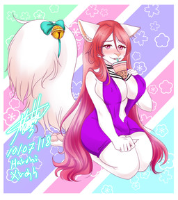 accessory anthro bell bell_accessory bell_bow beverage big_breasts biped blush bow_(feature) bow_accessory bow_ribbon breasts bubble_tea bulge challenge cleavage clothed clothing decorated_bow dress ears_down embarrassed fluffy fluffy_tail fur furgonomics gynomorph hair hand_on_breast inner_ear_fluff intersex kneeling long_hair long_tail looking_at_viewer nipple_outline open_mouth pink_eyes pink_hair pink_nose pivoted_ears rattle ribbons slightly_chubby solo tail tail_accessory tail_bell tail_bow tail_ribbon tuft white_body white_fur haruhixros hands-free_bubble_tea artemis_tsukino domestic_cat felid feline felis mammal 2019 absurd_res hi_res meme