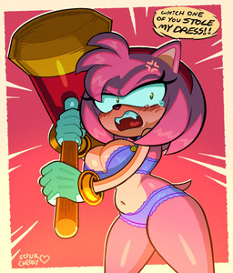 anthro big_breasts blush bra breasts clothing cross-popping_vein dialogue eyelashes fangs female gloves green_eyes hair hammer handwear low-angle_view navel open_mouth panties piko_piko_hammer pink_body pink_hair slightly_chubby slightly_chubby_anthro slightly_chubby_female solo tan_body teeth thick_thighs tools underwear wide_hips sourcherryless3 sega sonic_the_hedgehog_(series) amy_rose eulipotyphlan hedgehog mammal 2026 hi_res
