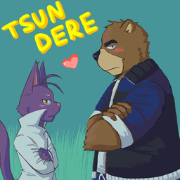 anthro black_nose blue_clothing blue_jacket blue_topwear blush brown_body brown_fur clothing countershade_fur countershade_snout countershading crossed_arms duo fur green_background heart_symbol jacket looking_at_viewer male monotone_body monotone_fur multicolored_body multicolored_fur pink_nose purple_body purple_fur shirt side_view simple_background snout tail tan_body tan_countershading tan_fur text topwear tsundere two_tone_body two_tone_fur white_clothing white_shirt white_topwear yellow_eyes yellow_text daizfrg morenatsu juuichi_mikazuki shin_(morenatsu) bear domestic_cat felid feline felis mammal 1:1 2012