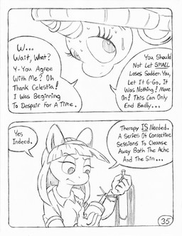 anthro bdsm begging bodily_fluids bondage bound clothed clothed_anthro clothed_female clothing dialogue duo eyelashes female fully_clothed fully_clothed_anthro fully_clothed_female horn horn_jewelry horn_ring inhibitor_ring jewelry magic_inhibitor magic_suppression massage_table nervous propeller ring ring_(jewelry) speech_bubble spinner sweat tassels text tied_down unicorn_horn circe_(artist) friendship_is_magic hasbro my_little_pony mythology blue_nile_(mlp) rarity_(mlp) earth_pony equid equine horse mammal mythological_creature mythological_equine pony unicorn comic english_text monochrome