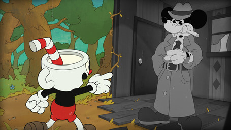 accessory anthro black_eyes clothed clothing coat door duo eye_contact footwear for_a_head forest gesture gloves hand_gesture handwear hat headgear headwear looking_at_another male necktie open_mouth plant pointing pointing_at_another rear_view shoes teeth topwear tree white_body easterhandz cuphead_(game) mouse:_p.i._for_hire studio_mdhr cuphead_(character) jack_pepper_(mouse) animate_inanimate humanoid mammal mouse murid murine object_head rodent 16:9 2026 4k absurd_res crossover hi_res widescreen