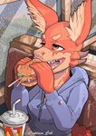 burger captaincob clothing eating female fluffy_ears food hi_res hoodie kobold raining red_(captaincob) red_body red_skin solo teeth topwear yellow_eyes