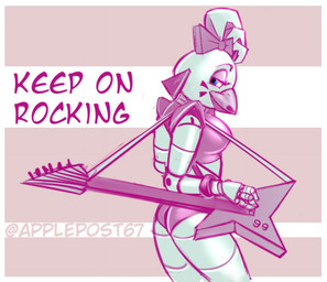 anthro blue_eyes bow_(feature) bracelet breasts butt electric_guitar female guitar jewelry machine musical_instrument non-mammal_breasts plucked_string_instrument solo string_instrument text applepost67 five_nights_at_freddy's five_nights_at_freddy's:_security_breach scottgames steel_wool_studios glamrock_chica avian bird chicken galliform phasianid robot 2022 digital_media_(artwork)
