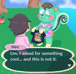 anthro apple black_clothing black_shirt black_t-shirt black_topwear blush bodily_fluids brown_hair clothed clothing dialogue dress duo female food footwear fruit fur grass green_body green_fur hair holding_object knee_highs legwear meme_shirt multicolored_body multicolored_fur outside pink_blush pink_clothing pink_dress plant polka_dot_dress print_clothing print_shirt print_t-shirt print_topwear red_clothing red_footwear red_shoes river shirt shoes speech_bubble sweat sweatdrop t-shirt tail text text_on_clothing text_on_shirt text_on_t-shirt text_on_topwear topwear tree user_interface water saltypupcake animal_crossing five_nights_at_freddy's meme_clothing nintendo scottgames chica_(fnaf) mint_(animal_crossing) villager_(animal_crossing) human mammal rodent sciurid tree_squirrel digital_media_(artwork) english_text hi_res impact_(font) meme