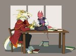 anthro blonde_hair book clothed clothing duo female hair male pink_body reading simple_background tail cosmicminerals mythology vahruunir_(titania) dragon kobold mythological_creature mythological_scalie scalie 2020 digital_media_(artwork) hi_res