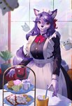 anthro beverage big_breasts breasts clothed clothing female food fully_clothed lemonade maid_uniform pastry plant plant_pot potted_plant red_eyes solo uniform jaugy canid canine mammal absurd_res hi_res