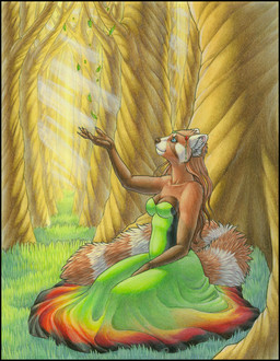 anthro bare_shoulders breasts cleavage clothed clothing detailed_background dress falling_leaves female fluffy fluffy_tail forest fully_clothed jewelry leaf light light_beam markings outside plant ring_(marking) ringed_tail scenery sitting solo striped_markings striped_tail stripes sunbeam sunlight tail tail_markings tree wind wood katie_hofgard ailurid mammal red_panda full-length_portrait portrait traditional_media_(artwork)