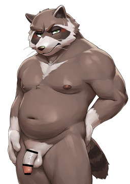 anthro balls belly blush genitals green_eyes kemono male moobs navel nipples penis simple_background solo standing white_background barontoko mammal procyonid raccoon 2026 absurd_res censored hi_res