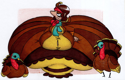 belly big_belly big_butt brown_body brown_hair butt clothing dress female feral group hair huge_butt overweight trio shar0makai avian bird galliform humanoid phasianid turkey 2026 absurd_res hi_res traditional_media_(artwork)