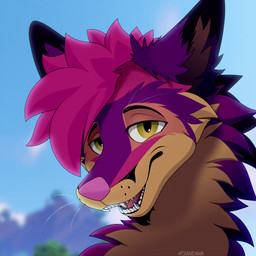 anthro breathing eyebrows flowing flowing_hair fur hair happy looking_at_viewer male open_mouth simple_background sky solo teeth tongue wind poundbandana canid canine fox mammal 1:1 animated