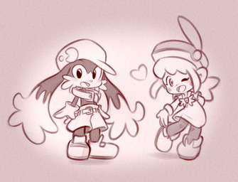 anthro blush bottomwear clothing collar dress duo eyelashes feathers female footwear hair happy hat headgear headwear long_ears looking_at_viewer male one_eye_closed pants pose shoes smile standing wink winking_at_viewer mikemichaelmic bandai_namco klonoa_(series) klonoa lolo_(klonoa) animal_humanoid domestic_cat felid feline felis haplorhine humanoid lagomorph mammal mammal_humanoid monkey monkey_humanoid primate primate_humanoid 2022 absurd_res digital_drawing_(artwork) digital_media_(artwork) hi_res monochrome