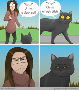 ambiguous_gender angry black_body black_fur black_nose bottomwear breasts brown_hair clothed clothing day dialogue duo eyebrows eyewear female feral fur glasses grass hair open_mouth outside pants pink_tongue plant profanity shirt small_breasts text tongue topwear tree wearing_glasses whiskers yellow_eyes pizzacakecomic pizzacake ellen_woodbury domestic_cat felid feline felis human mammal comic english_text hi_res url