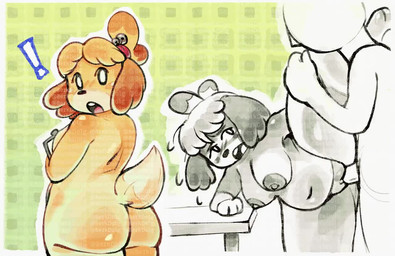 anthro areola big_butt black_nose breasts butt dipstick_ears duo ear_markings exclamation_point eyelashes female floppy_ears fur green_background looking_at_viewer looking_back looking_back_at_viewer lop_ears male male/female markings multicolored_ears navel nipples nude open_mouth pattern_background penetration rear_view sex simple_background slightly_chubby tan_body tan_fur vaginal vaginal_penetration white_eyes wide_hips yellow_body yellow_fur berkdolg animal_crossing nintendo isabelle_(animal_crossing) canid canine canis domestic_dog mammal shih_tzu toy_dog animated short_playtime video
