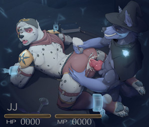 anal anal_penetration animal_genitalia animal_penis anthro anthro_on_anthro anthro_penetrated anthro_penetrating anthro_penetrating_anthro balls barbell_piercing black_spots blue_body blue_fur bodily_fluids bottomwear canine_genitalia canine_penis cape clothing cuff_(restraint) cum cum_in_ass cum_inside cumshot duo ear_piercing ear_ring ejaculation erection fur gameplay_mechanics gauged_ear genital_fluids genitals grey_pawpads gui half-closed_eyes hat headgear headwear health_bar knot looking_pleasured male male/male male_penetrated male_penetrating male_penetrating_male markings narrowed_eyes nipple_barbell nipple_piercing nipples orgasm pawpads paws penetration penile penile_penetration penis penis_in_ass piercing restraints ring_piercing sex shackles shorts smile smirk smug smug_face smug_grin spots spotted_body spotted_fur spotted_markings torn_bottomwear torn_clothing torn_shorts white_body white_fur wizard_hat petrisa nintendo pokemon jj_(zarif) canid canine canis dalmatian domestic_dog hyena mammal hi_res