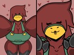 anthro big_breasts breasts clothed clothing female holding_viewer kissing looking_at_viewer red_body simple_background slightly_chubby smile solo thick_thighs enderbendr microsoft minecraft mojang xbox_game_studios samantha_(endrslendr) mammal sniffer 4:3 hi_res