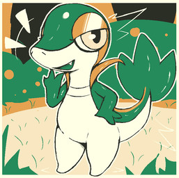 3_fingers ambiguous_anthro ambiguous_gender anthro arms_bent bald big_eyes biped border cute_fangs emanata eyelashes fangs featureless_chest featureless_crotch featureless_feet feet fingers glistening glistening_body glistening_head glistening_tail grass green_body green_mouth half-closed_eyes hand_on_hip laugh leaf leaf_tail looking_at_viewer markings multicolored_body narrowed_eyes open_mouth open_smile orange_body orange_markings outline outside plant pupils semi-anthro shrub slit_nostrils smile smiling_at_viewer smug snout solo standing tail teeth three-quarter_view white_body white_border white_outline white_sclera lizardfungus cc-by-nc-nd creative_commons nintendo pokemon generation_5_pokemon pokemon_(species) snivy 2025 aliasing binary_drawing digital_drawing_(artwork) digital_media_(artwork) dithering full-length_portrait portrait restricted_palette