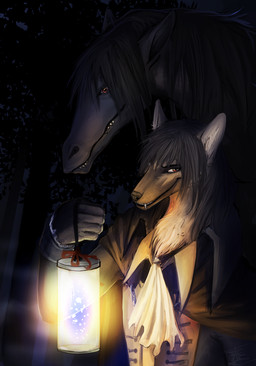 anthro black_hair brown_eyes brown_nose clothed clothed_anthro clothing duo fingers forest hair holding_lantern holding_object lamp lantern night outside plant smile standing tree araivis-edelveys canid canine canis domestic_dog mammal 2013 digital_media_(artwork)