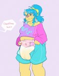 ageplay anthro blue_body blue_fur blue_hair blush bodily_fluids bottomwear clothed clothing crop_top dialogue diaper embarrassed female fur genital_fluids green_eyes hair open_bottomwear open_clothing open_shorts purple_background roleplay shirt shorts simple_background slightly_chubby solo speech_bubble text topwear unclean_diaper urine used_diaper wearing_diaper wet_diaper wetness_indicator yellow_body yellow_fur bubblepuppers bubblegum_(bubblepuppers) canid canine canis domestic_dog mammal english_text hi_res trans_(lore) trans_woman_(lore)