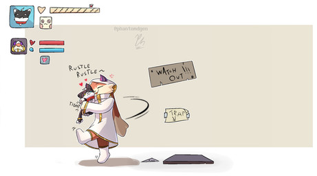 after_transformation ambiguous_gender anthro biped black_body black_fur clothed clothing collar costume eyes_closed fur gameplay_mechanics gui happy health_bar heterochromia horn hug hugging_object hugging_plushie magic onomatopoeia open_mouth plushie plushification rpg_dungeon simple_background smile solo sound_effects status_effect tail text transformation transformation_sequence transformation_through_magic phantomdgen domestic_cat felid feline felis lagomorph leporid mammal rabbit colored comic digital_drawing_(artwork) digital_media_(artwork) english_text hi_res shaded male_(lore)