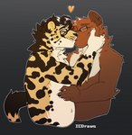 anthro fur hair heart_symbol kissing male markings simple_background spots spotted_body spotted_fur icecreamdraws cam_(camthemarten) kofi_(kofithechee) cheetah felid feline gulonine king_cheetah mammal marten mustelid musteline pine_marten hi_res