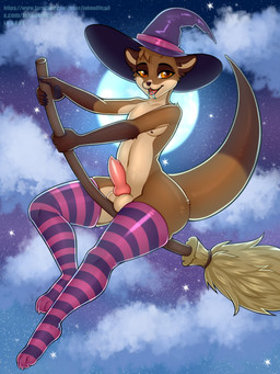 5_fingers animal_genitalia animal_penis anthro balls black_claws black_eyebrows black_pawpads broom broom_riding brown_body brown_fur brown_markings brown_nipples brown_nose butt canine_genitalia canine_penis claws cleaning_tool clothing cloud cloudy_sky erection eyebrows fingers fur genitals hat head_tuft headgear headwear knot knotted_penis legwear male markings moon navel night nipples open_mouth open_smile orange_eyes pattern_clothing pattern_legwear pattern_stockings pawpads penis pink_penis sky smile solo star starry_sky stockings striped_clothing striped_legwear striped_stockings stripes tail tan_body tan_fur text thick_tail tuft witch_hat inkoofficail mammal mustelid otter 2024 colored digital_drawing_(artwork) digital_media_(artwork) hi_res shaded url