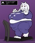 anthro belly belly_overhang big_belly big_breasts big_butt black_eyebrows bodily_fluids bottomwear breasts butt chubby_cheeks clothing delta_rune_(emblem) destruction dialogue exercise eyebrows female furniture_damage grey_inner_ear horn huge_belly huge_breasts huge_butt huge_thighs jacket looking_down obese obese_anthro obese_female overweight overweight_anthro overweight_female pants purple_background purple_bottomwear purple_clothing purple_jacket purple_pants purple_sweatpants purple_topwear red_eyes simple_background solo sparks speech_bubble sweat sweatpants symbol symbol_on_clothing text thick_thighs topwear treadmill white_body white_ears white_horn workout calorie undertale undertale_(series) toriel boss_monster_(undertale) bovid caprine goat mammal 2024 colored digital_media_(artwork) english_text hi_res