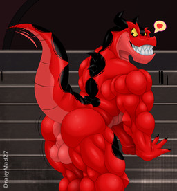 all_fours anthro anthrofied backsack balls big_balls big_butt big_muscles black_body black_eyes black_scales black_spots butt calf_muscles deltoids forearm_muscles genitals grin heart_symbol huge_muscles looking_at_viewer looking_back male markings motion_lines muscular muscular_anthro muscular_arms muscular_male muscular_thighs nude perineum presenting presenting_hindquarters red_body red_perineum red_scales scales shaking_butt smile solo speech_bubble spots spotted_body spotted_scales tail tail_motion tailwag thick_tail toothy_grin triceps yellow_sclera woofmadness marvel moon_girl_and_devil_dinosaur devil_dinosaur_(moon_girl_and_devil_dinosaur) dinosaur prehistoric_species reptile saurischian scalie theropod tyrannosaurid tyrannosauroid tyrannosaurus tyrannosaurus_rex 2026 hi_res