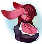 anthro big_ears black_choker black_jewelry black_necklace blue_eyes breasts brown_nose choker cleavage clothed clothing collar ear_piercing ear_ring female fur grey_clothing grey_sweater grey_topwear hair hair_over_eye jewelry long_hair looking_aside maroon_hair necklace one_eye_obstructed piercing pink_body pink_ears pink_fur ring_piercing shirt simple_background smile solo sweater topwear white_background white_clothing white_topwear buxbi amber_(kanel) canid canine fennec_fox fox mammal true_fox digital_media_(artwork) half-length_portrait portrait shaded signature