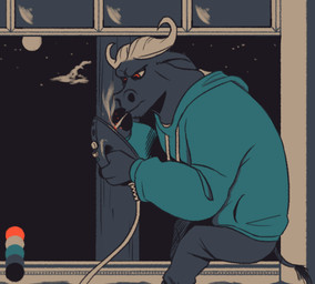 2_horns anthro cigarette clothed clothed_anthro clothed_male clothing color_swatch fully_clothed fully_clothed_anthro fully_clothed_male holding_cigarette holding_object hoodie horn male sitting smoking smoking_cigarette solo topwear theblueberrycarrots disney zootopia chief_bogo buffalo digital_drawing_(artwork) digital_media_(artwork) restricted_palette source_request